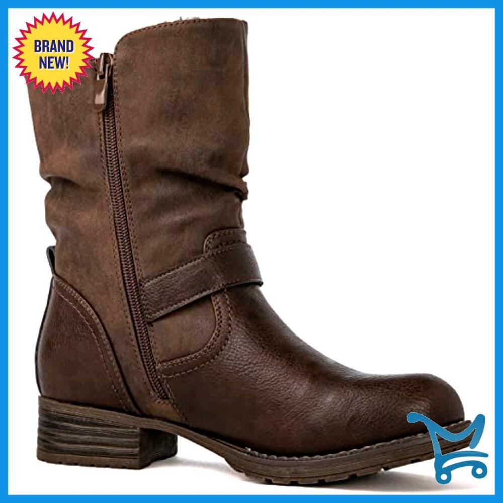 Women's Combat Ankle Boots with Buckles, Zipper Closure, 1-Inch Heel - Picture 3 of 7